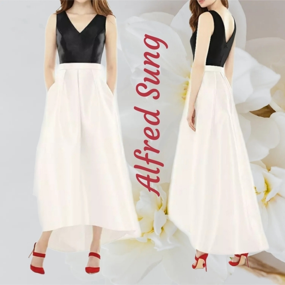 Alfred Sung Dress Womens Sz 10 Black & Ivory Satin Hi-lo Hem Pockets Formal